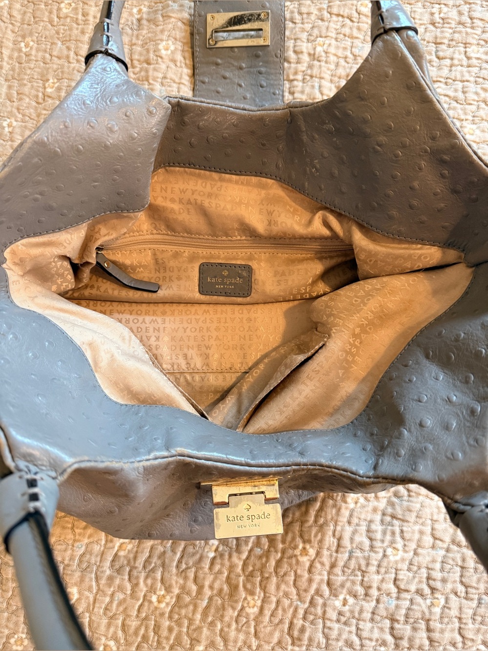 Kate Spade Gray Ostrich-Embossed Leather Shoulder Bag - Picture 9 of 15